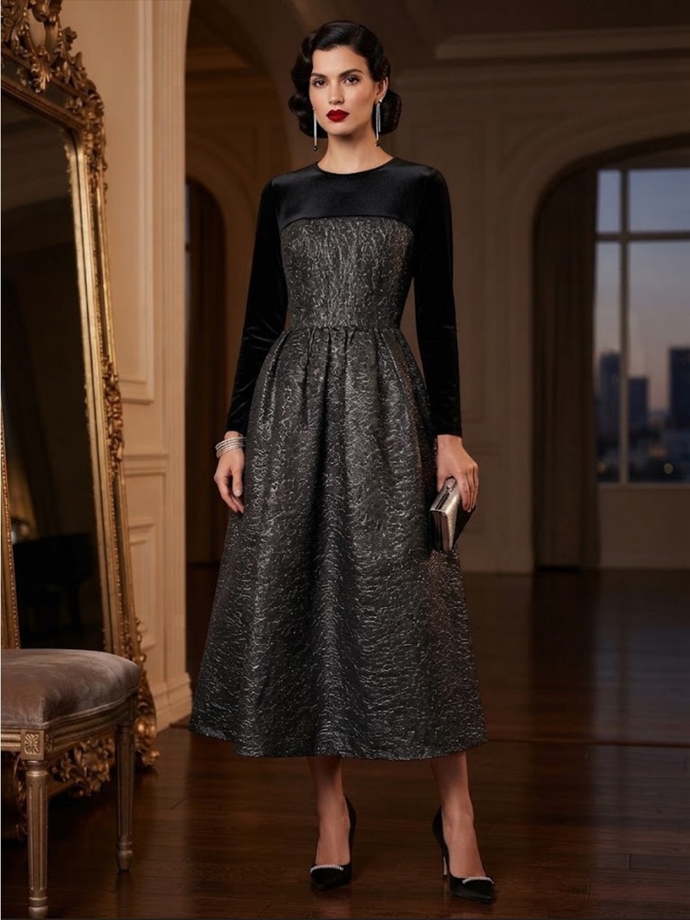 NWT Whimsigoth black Velvet & Metallic Silver Swirl fit flare Midi Dress S